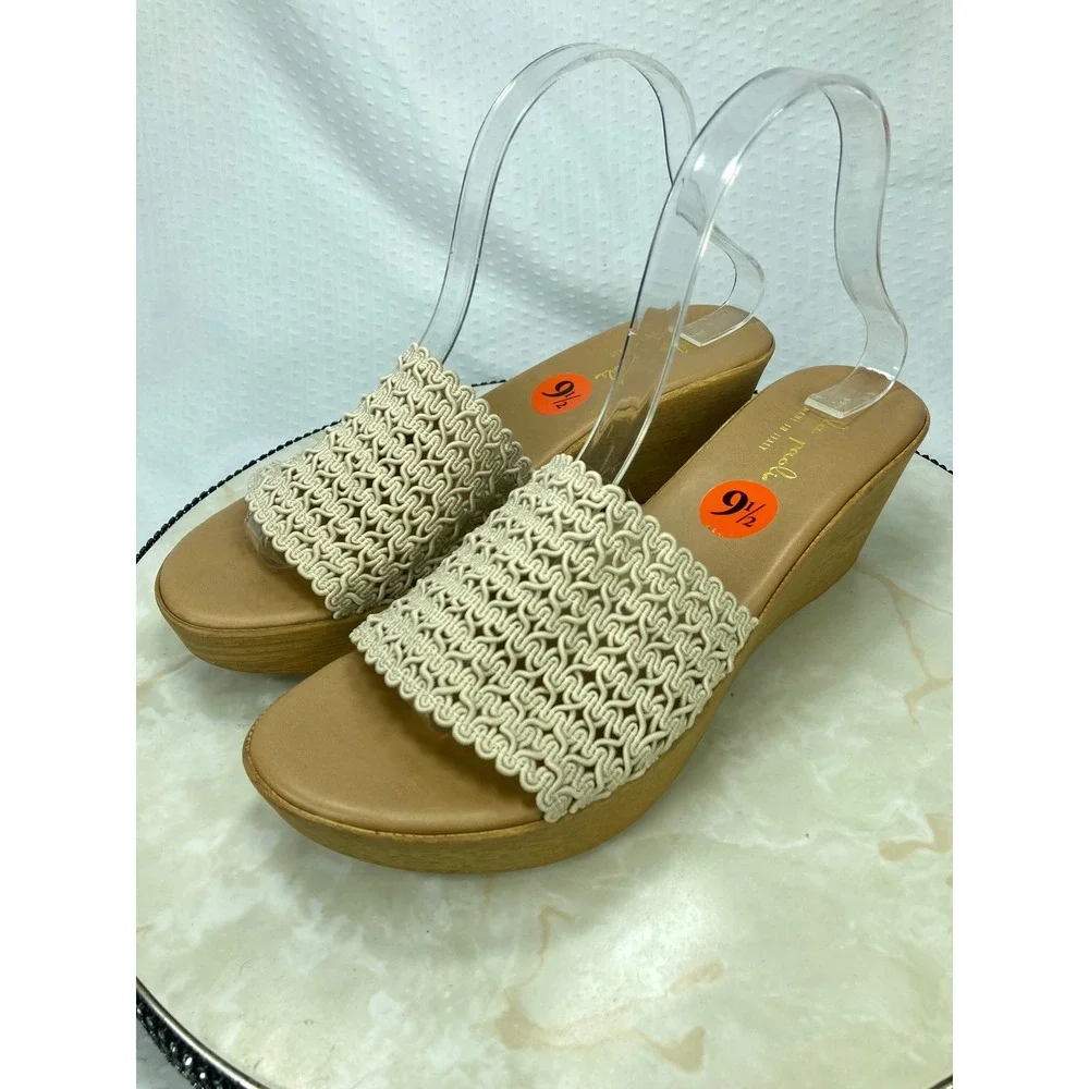 Mila Paoli Woven Macrame Wedge Sandals Women Sz 9.5 Beige Platform Summer Vacay